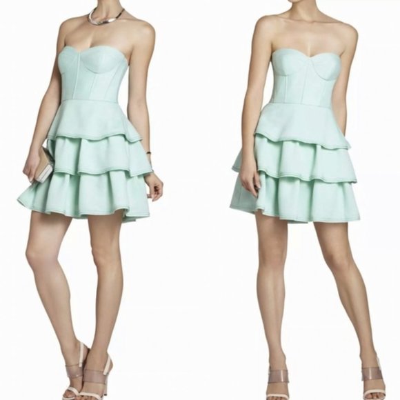 BCBG | Jacklyn Tiered Ruffle Strapless Green Opaline Dress NWT - Picture 2 of 16